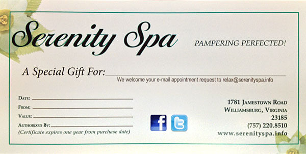 Serenity Spa Gift Certificate